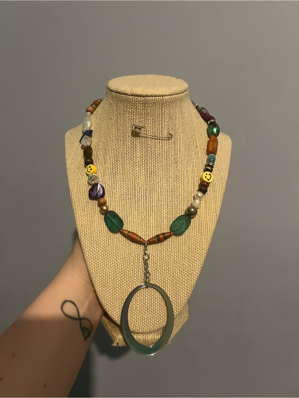 #5. Handmade Boho Multicolor Beaded Necklace with Oval Pendant
